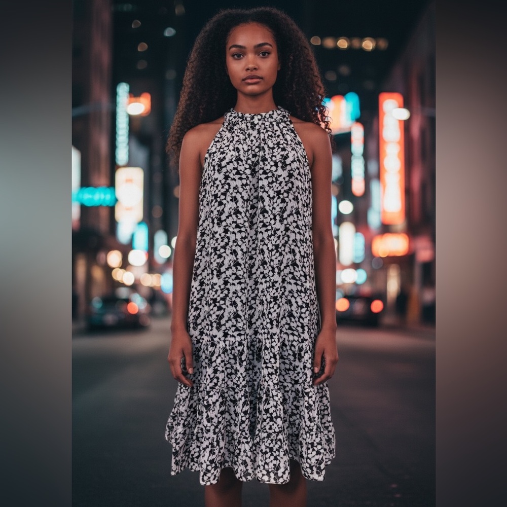 MSK Tiered Maxi Shift Dress in Black and White Floral Print Women’s Size 8P